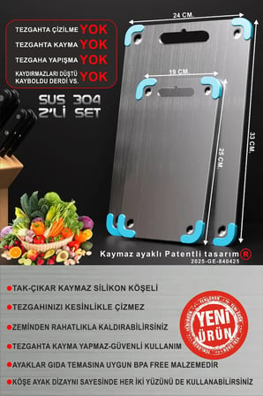 Home Paslanmaz Çelik Kesme Tahtası •büyük-küçük•gömme Ayaklı•304 Kalite• ®patentli•antibakteriyel