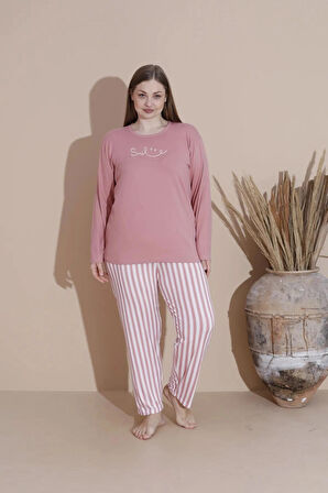 Baskılı Uzun Kol Milan Kumaş Battal Kadın Pijama Takımı