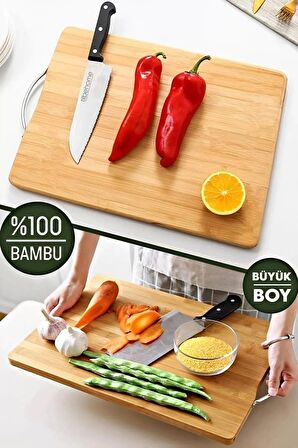 Bambu Kesme Tahtası Büyük Boy Çelik Saplı Peynir Servis Sunum Tepsi Et Sebze Doğrama Tahtası 36x27