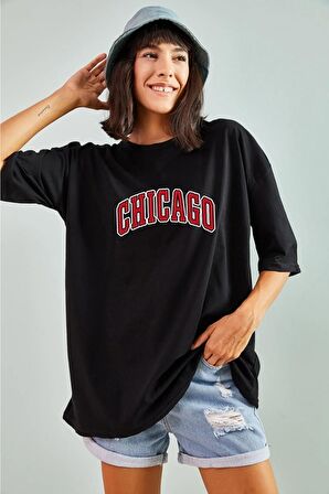Kadın Pamuk Red Chicago Tasarımlı Siyah T-shirt