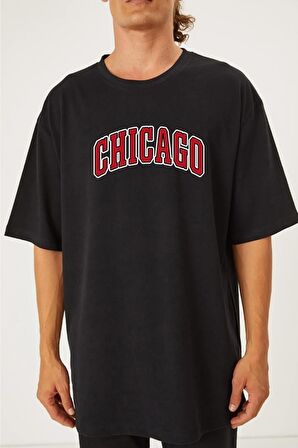 Kadın Pamuk Red Chicago Tasarımlı Siyah T-shirt
