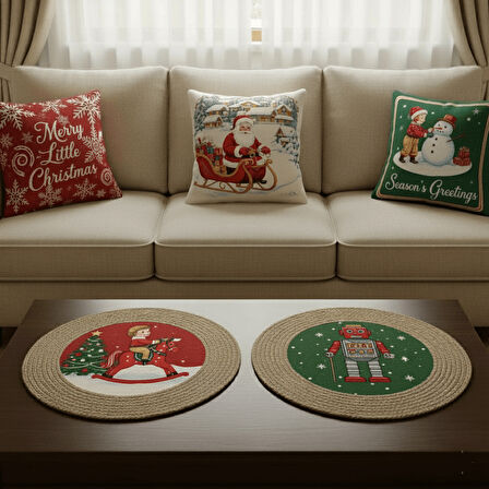 2026 Yeni yılbaşı Temalı 3'lü Keten Kırlent Seti ve El Yapımı 2'li Supla - Yılbaşı Konsepti