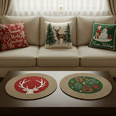 2026 Yeni yılbaşı Temalı 3'lü Keten Kırlent Seti ve El Yapımı 2'li Supla - Yılbaşı Konsepti