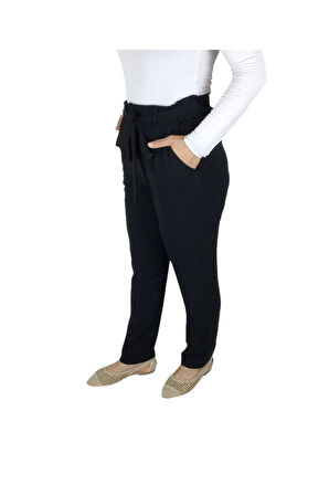 KADIN BELİ LASTİKLİ KUŞAKLI CEPLİ DAR PAÇA AYROBİN PANTOLON SİYAH-XL