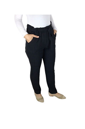 KADIN BELİ LASTİKLİ KUŞAKLI CEPLİ DAR PAÇA AYROBİN PANTOLON SİYAH-XL