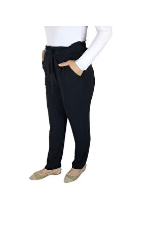 KADIN BELİ LASTİKLİ KUŞAKLI CEPLİ DAR PAÇA AYROBİN PANTOLON SİYAH-XL