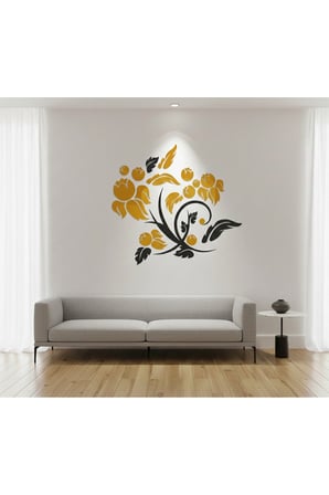 ÇİÇEK SERİSİ AKRİLİK LEVHA DUVAR DEKORASYON DUVAR SÜSÜ (SİYAH - GOLD) CM 100X90 CM