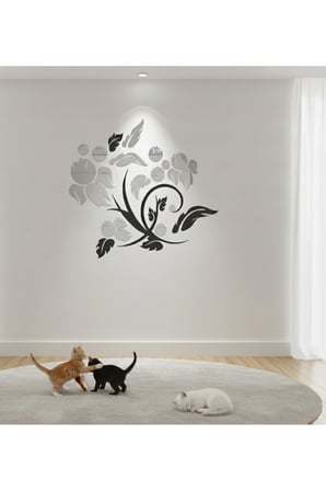 ÇİÇEK SERİSİ AKRİLİK LEVHA DUVAR DEKORASYON DUVAR SÜSÜ (SİYAH - GÜMÜŞ) CM 50x45 cm