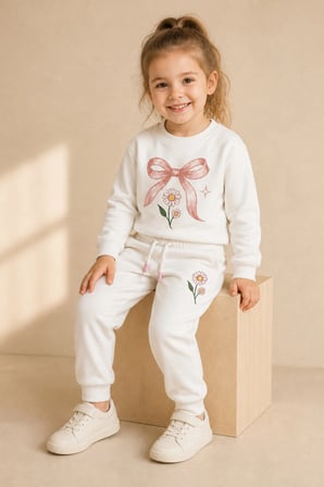 Kız Çocuk Ekru Fiyonk ve Papatya Baskılı 2 İplik Sweatshirt Eşofman Takımı