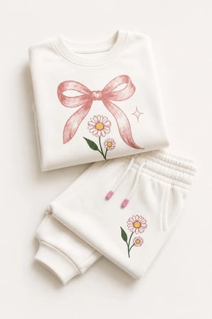 Kız Çocuk Ekru Fiyonk ve Papatya Baskılı 2 İplik Sweatshirt Eşofman Takımı