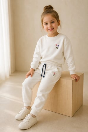Kız Çocuk Krem Çiçek Nakışlı Pamuklu 2 İplik Sweatshirt ve Lastik Paçalı Eşofman Takımı