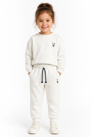 Kız Çocuk Krem Çiçek Nakışlı Pamuklu 2 İplik Sweatshirt ve Lastik Paçalı Eşofman Takımı