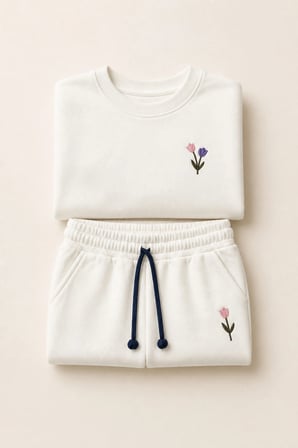 Kız Çocuk Krem Çiçek Nakışlı Pamuklu 2 İplik Sweatshirt ve Lastik Paçalı Eşofman Takımı