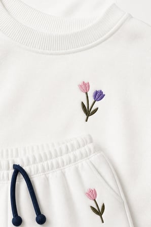 Kız Çocuk Krem Çiçek Nakışlı Pamuklu 2 İplik Sweatshirt ve Lastik Paçalı Eşofman Takımı