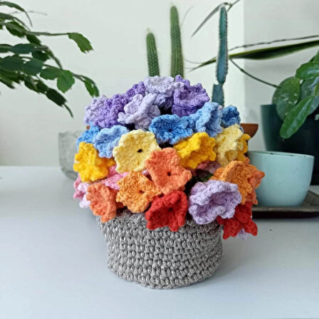 Amigurumi el örgüsü sepetli çiçek buketi bardak altlığı - Papatya 7 parça