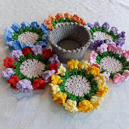 Amigurumi el örgüsü sepetli çiçek buketi bardak altlığı - Papatya 7 parça