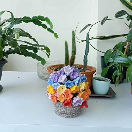 Amigurumi el örgüsü sepetli çiçek buketi bardak altlığı - Papatya 7 parça