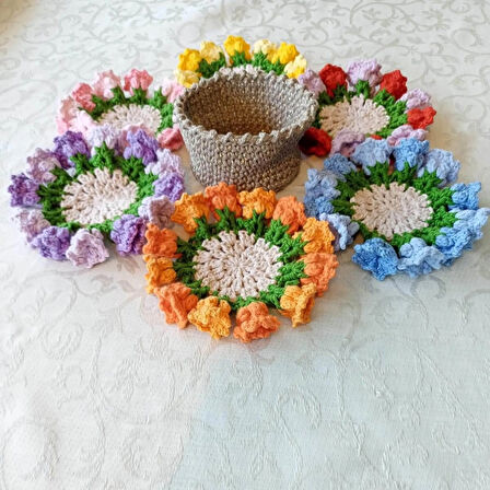 Amigurumi el örgüsü sepetli çiçek buketi bardak altlığı - Papatya 7 parça