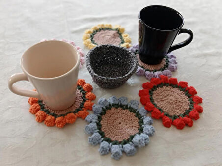 Amigurumi el örgüsü sepetli çiçek buketi bardak altlığı - Karanfil 7 parça