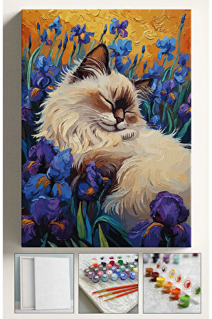 Sayılarla Boyama Seti Numaralı Tuval Fırça Boya Dahil Kasnaklı Set 40x50 Cm - ÇİÇEK ARASI KEDİ