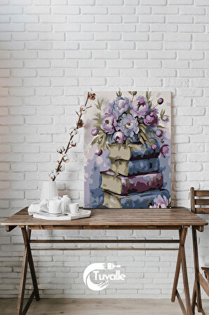 Çiçeklerle Dolu Kitaplar Sayılarla Boyama Seti, Hobi Seti, 40X50 Tablo, Fırça Boya, Numaralı Tuval