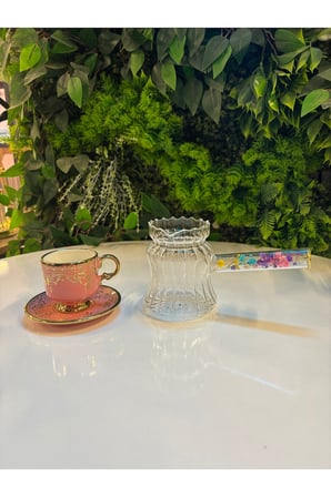 Isıya Dayanıklı Cam Cezve, Kulpu Çiçek Dekorlu Çizgi Desenli Tasarım Kahve, Sütlük Cezvesi