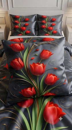 Özel Tasarım Marka 240*260 Cm Çift Kişilik Nevresim Takımı Organik Saten & Pamuk Luxury Ranforce Premium Kumaş Dokuma Çiçekli deluxe zambak sümbül orkide lotus lale papatya yonca siyah kırmızı beyaz