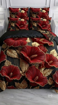 Özel Tasarım Marka 240*260 Cm Çift Kişilik Nevresim Takımı Organik Saten & Pamuk Luxury Ranforce Premium Kumaş Dokuma Çiçekli deluxe zambak sümbül orkide lotus lale papatya yonca siyah kırmızı beyaz