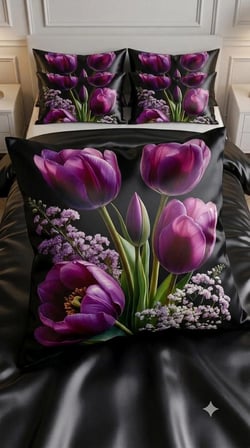 Özel Tasarım Marka 240*260 Cm Çift Kişilik Nevresim Takımı Organik Saten & Pamuk Luxury Ranforce Premium Kumaş Dokuma Çiçekli deluxe zambak sümbül orkide lotus lale papatya yonca siyah kırmızı beyaz