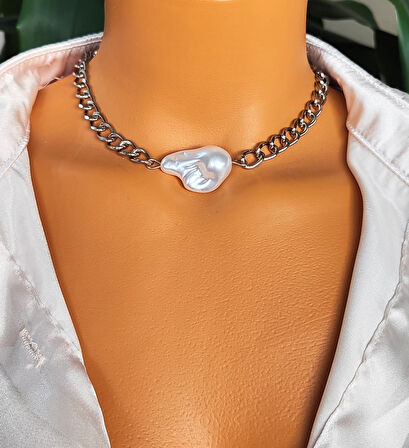 Yapay Barok İncili Choker Zincir Kolye