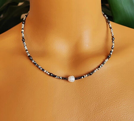 İnci Ceyt ve Hematit Doğal Taş Kolye – Nazar Koruyucu, Enerji Dengeleyici, Şık El Yapımı Kolye				