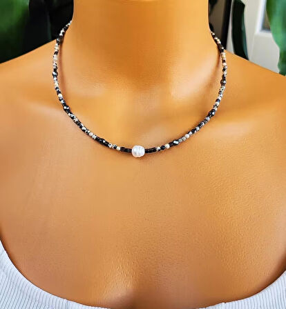 İnci Ceyt ve Hematit Doğal Taş Kolye – Nazar Koruyucu, Enerji Dengeleyici, Şık El Yapımı Kolye				