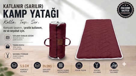 Zish Home FLEXI 5 cm Bordo Katlanır Kamp Yatağı | 24 DNS Orta Sert Sünger | Karavan ve Çadır İçin Taşınabilir Yatak | Yer Yatağı, Misafir Yatağı ve Anne Yanı