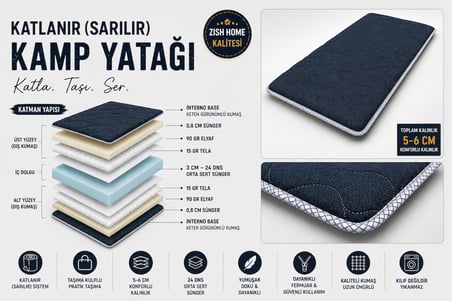 Zish Home FLEXI 5 cm Mavi Katlanır Kamp Yatağı | 24 DNS Orta Sert Sünger | Karavan ve Çadır İçin Taşınabilir Yatak | Yer Yatağı, Misafir Yatağı ve Anne Yanı