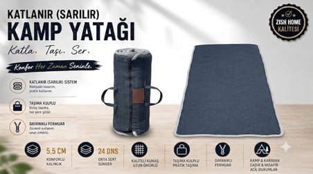 Zish Home FLEXI 5 cm Katlanır Kamp Yatağı | 24 DNS Orta Sert Sünger | Karavan ve Çadır İçin Taşınabilir Yatak | Yer Yatağı, Misafir Yatağı ve Anne Yanı