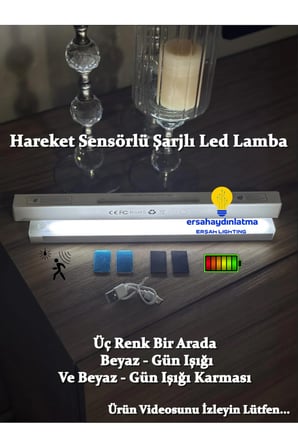 Hareket Sensörlü Şarjlı Led Lamba 30 Cm Gün Işığı - Beyaz Çift Renk