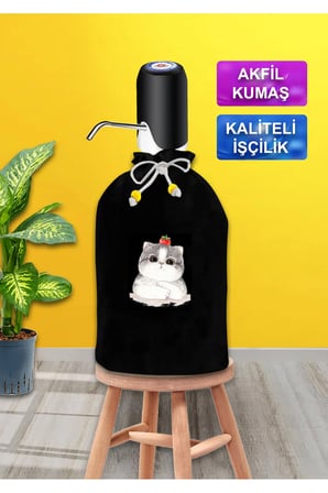 Siyah Damacana Kılıfı Çilekli Kedi Baskılı Siyah Kumaş Damacana Kılıfı