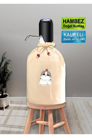 Krem Damacana Kılıfı Çilekli Kedi Baskılı Hambez Damacana Kılıfı