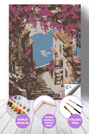 Cinque Terre Bölgesi Sayılarla Boyama Seti, Hobi Seti, 40X50 Tablo, Fırça Boya, Numaralı Tuval