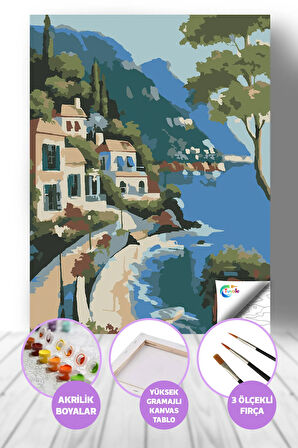 Cinque Terre Sahili Sayılarla Boyama Seti, Hobi Seti, 40X50 Tablo, Fırça Boya, Numaralı Tuval