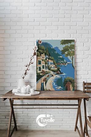 Cinque Terre Sahili Sayılarla Boyama Seti, Hobi Seti, 40X50 Tablo, Fırça Boya, Numaralı Tuval