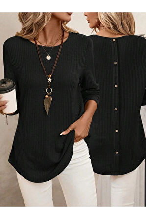 Kadın Uzun Kollu Yuvarlak Yaka Arkadan Düğmeli Waffle Bluz