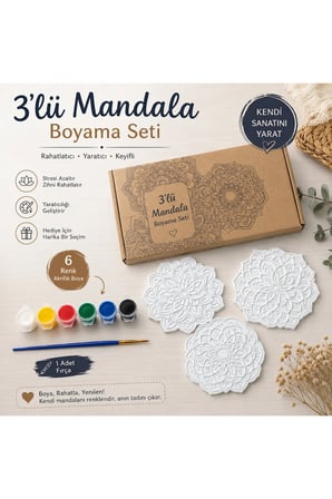 Mandala Boyama Hobi Seti 3’lü | 6 Renk Akrilik Boya + Fırça