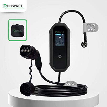 Taşınabilir Şarj Cihazı 3.5 kW / 16A / Türkçe Menü/Tip-2 / Ev Tipi Schuko Fiş / 220V AC / Taşıma Çantası Hediyeli (10m Kablolu)
