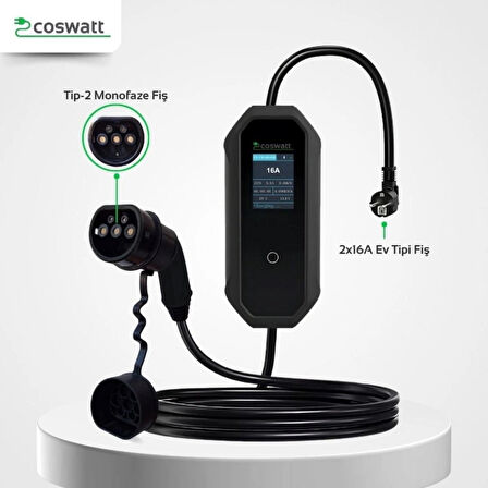 Taşınabilir Şarj Cihazı 3.5 kW / 16A / Türkçe Menü/Tip-2 / Ev Tipi Schuko Fiş / 220V AC / Taşıma Çantası Hediyeli (10m Kablolu)