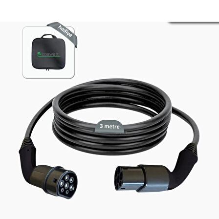 Tip-2 Şarj Kablosu 22 kW / 32A / 3m Kablolu / 380V AC / Taşıma Çantası Hediyeli