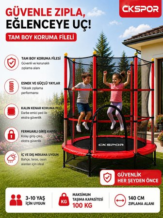 CKSpor 140 cm (55 inç) Tam Boy Koruma Fileli Çocuk Trambolini Güvenlik Fileli Trambolin  