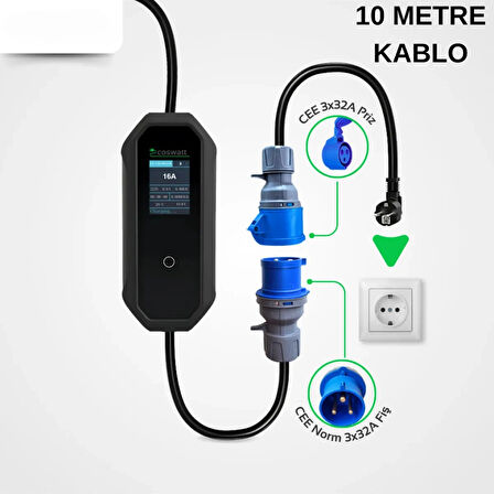 Elektrikli Araba Taşınabilir Şarj Cihazı 7 kw / 32A / Tip-2 / 3x32A Fiş / Monofaze/Çantalı / Ev Tipi Dönüştürücü Kablolu (10 METRE KABLO)