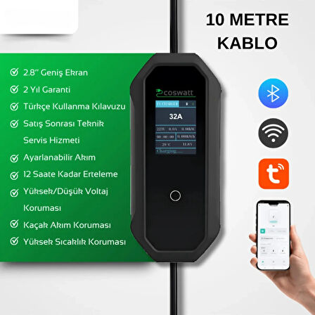 Elektrikli Araba Taşınabilir Şarj Cihazı 7 kw / 32A / Tip-2 / 3x32A Fiş / Monofaze/Çantalı / Ev Tipi Dönüştürücü Kablolu (10 METRE KABLO)