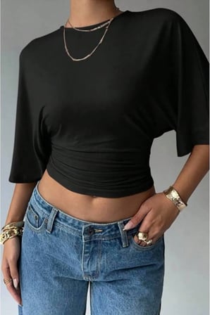 Kadın Siyah Yarasa Kol Drapeli Crop Bluz